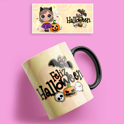 Taza Halloween con niña misteriosa
