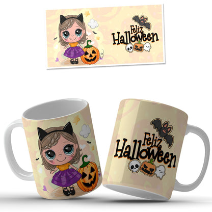Taza Halloween con niña misteriosa