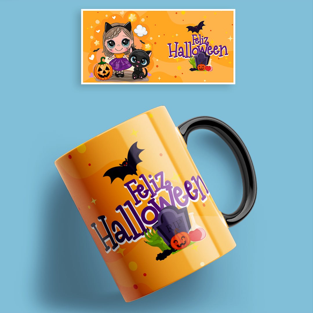 Taza Halloween con niña misteriosa