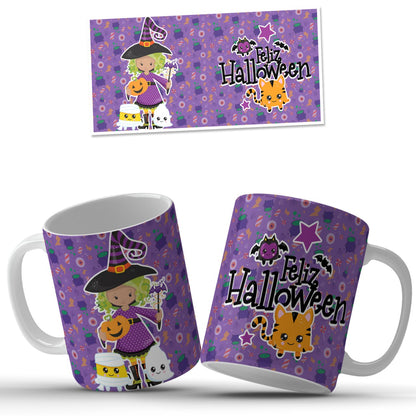 Taza Halloween con niña misteriosa
